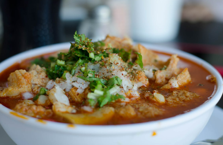 Mexican Menudo Soup in a white bowl